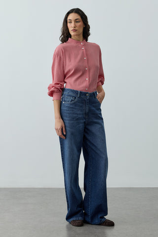 Yüksek Belli Straight Denim Pantolon Lacivert