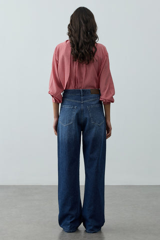 Yüksek Belli Straight Denim Pantolon Lacivert