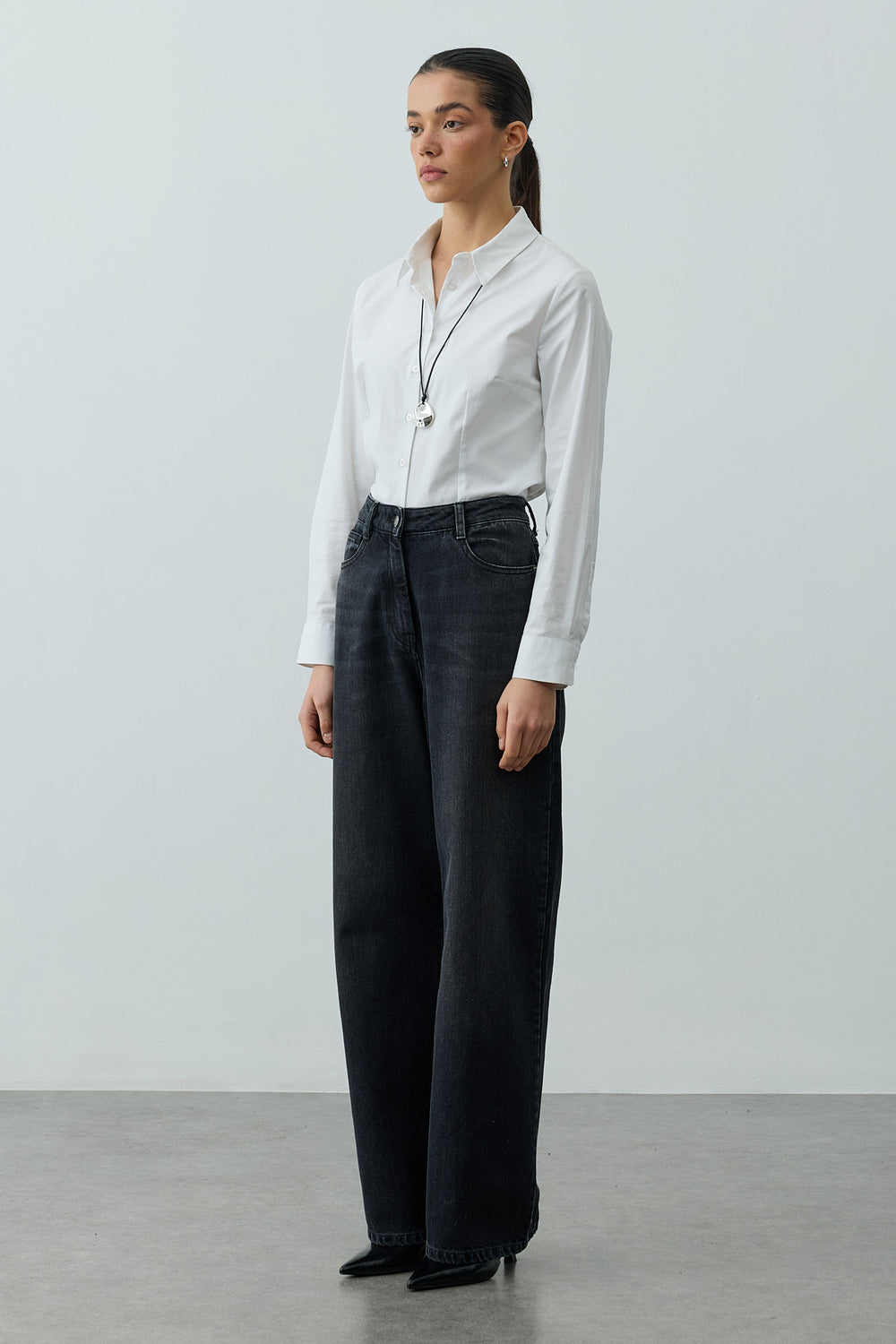 Yüksek Belli Straight Denim Pantolon Siyah