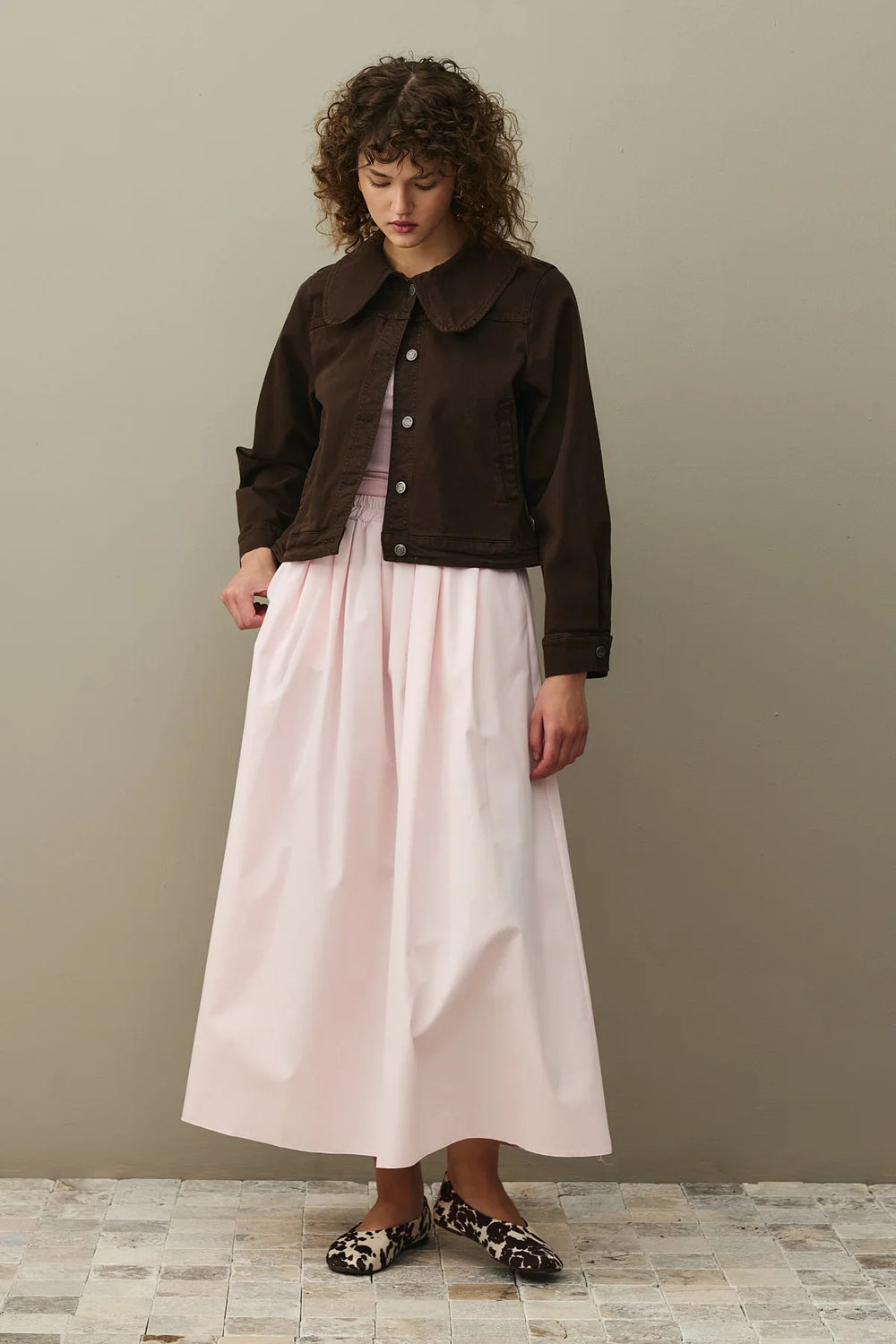 Round Collar Denim Jacket Brown