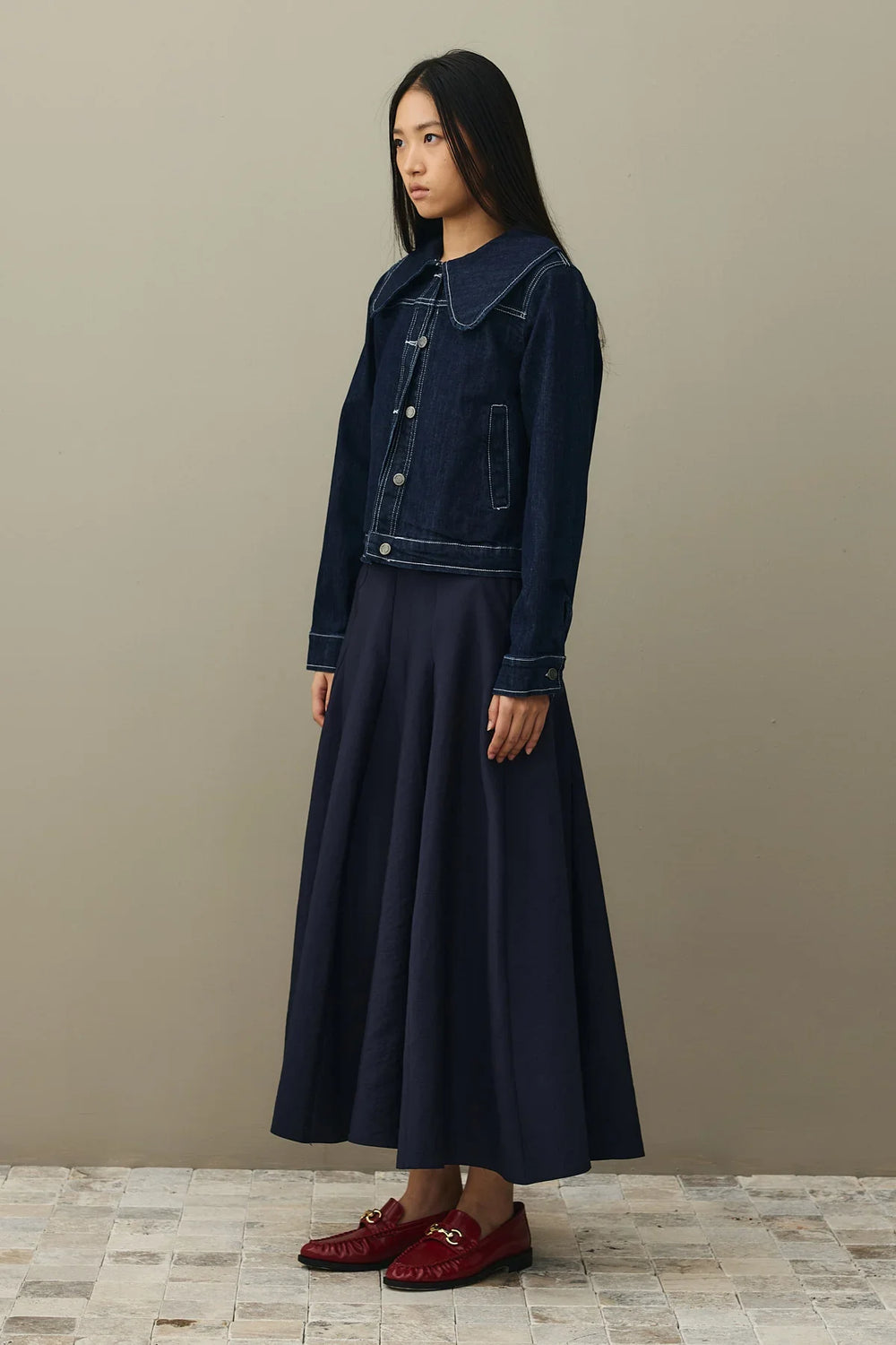 Round Collar Denim Jacket Dark Blue