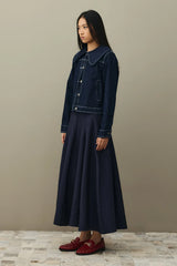 Yuvarlak Yakalı Denim Ceket Koyu Mavi