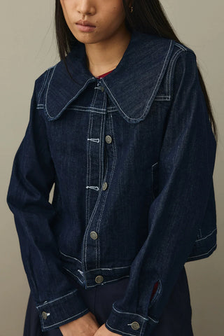 Yuvarlak Yakalı Denim Ceket Koyu Mavi