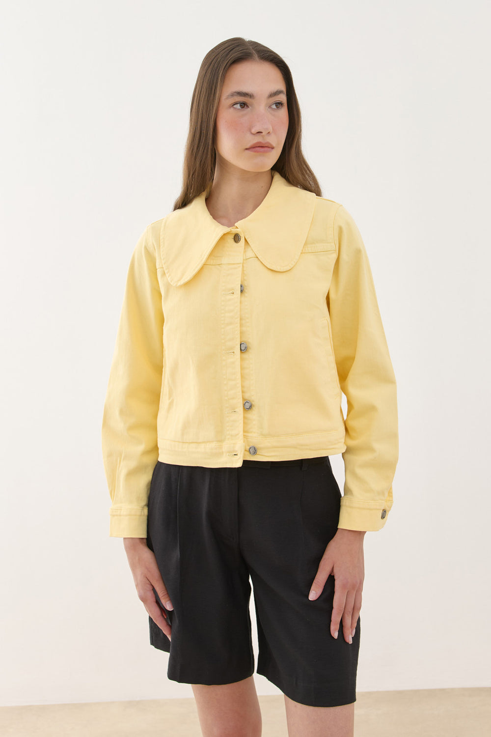 Round Collar Denim Jacket Yellow